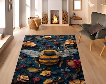 May include: A rectangular area rug featuring a large, central bumblebee with yellow and black stripes. The background is a deep navy blue, decorated with a pattern of colorful flowers, green leaves, and small red and blue berries scattered throughout.