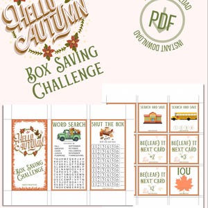 Può includere: Una sfida di risparmio a tema autunnale con il testo "Hello Autumn" e "Box Saving Challenge". Include ricerca di parole, chiudi la scatola e carte "Be(leaf) it". Dispone di un'icona di download istantaneo PDF.