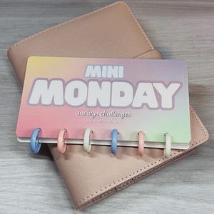 May include: A rectangular savings challenge card with a pastel gradient background featuring the text MINI MONDAY savings challenges. The card is bound with six small plastic discs in alternating colors of light blue, pink, and white, resting on a blush pink binder.