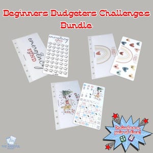 May include: A Beginners Budgeters Challenges Bundle featuring several punched cash envelope inserts. Designs include an emergency fund tracker, a rainbow debt-free card with numbered hearts, and a Christmas-themed game board with dice.