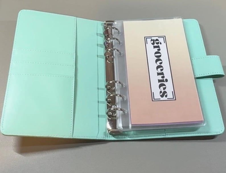 Puede incluir: Una carpeta de seis anillas en color verde menta con cierre magn&eacute;tico. El interior incluye varias ranuras para tarjetas en el lado izquierdo y una funda de pl&aacute;stico transparente a la derecha con una tarjeta que tiene el texto groceries.