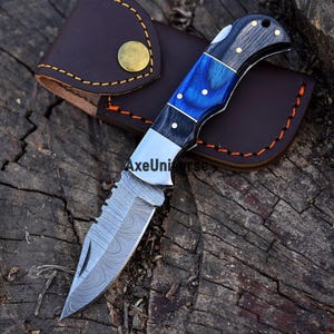 Custom Damascus Steel Folding Knifw, Colored Wood Handle, Camping Pocket Tool, Father's day gift.