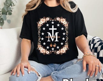 Marian Shirts, Marian Catholic T-Shirt, Virgin Mary T-shirt, Floral Women Religious Shirts, Catholic Gifts For Women, Catholic T-shirt