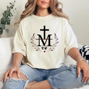 Marian Cross Shirt, Marian Catholic T-Shirt, Virgin Mary T-shirt, Floral Women Religious Shirts, Catholic Gifts For Women, atholic T-shirt