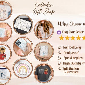 Peut inclure: Image promotionnelle pour une boutique de cadeaux catholiques, pr&eacute;sentant divers produits. Les articles incluent des tasses, des &eacute;tuis de t&eacute;l&eacute;phone, un tapis de souris et des v&ecirc;tements. L'image comprend le texte "Catholic Gift Shop" et "Why Choose Us?" avec une &eacute;valuation par &eacute;toiles et des garanties de service.