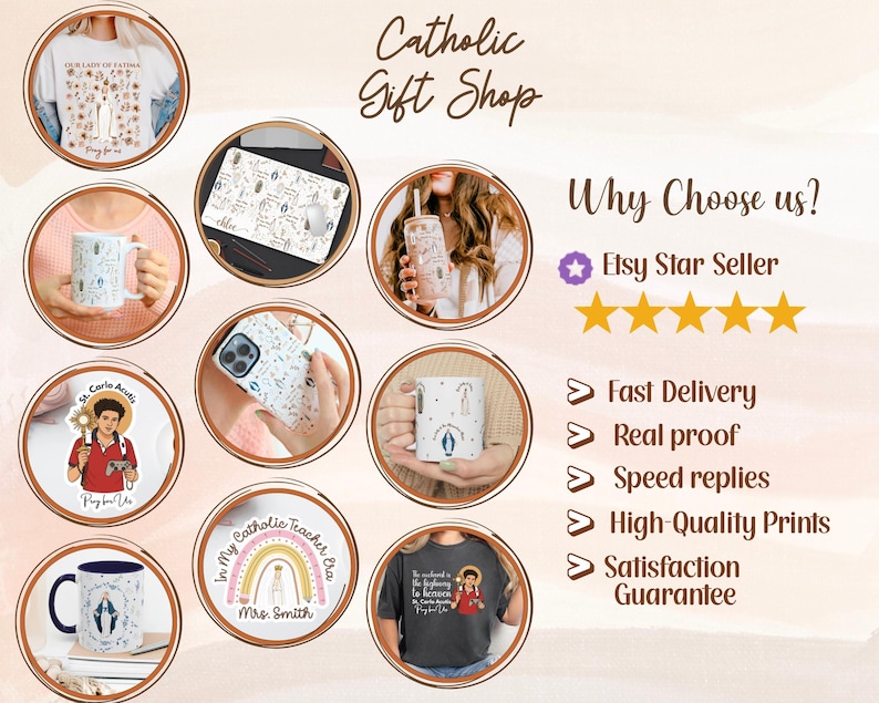 Peut inclure: Image promotionnelle pour une boutique de cadeaux catholiques, pr&eacute;sentant divers produits. Les articles incluent des tasses, des &eacute;tuis de t&eacute;l&eacute;phone, un tapis de souris et des v&ecirc;tements. L'image comprend le texte "Catholic Gift Shop" et "Why Choose Us?" avec une &eacute;valuation par &eacute;toiles et des garanties de service.