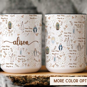 Ceramic Catholic mug with Virgin Mary, Our Lady Guadalupe, rosary motifs, and prayer text in a soft neutral devotional pattern, perfect for coffee, tea, and meaningful faith gift giving. marian devotion mug, catholic kitchen decor, guadalupe prayer cup, priest thank you gift, blessed mother coffee mug, christian women mug