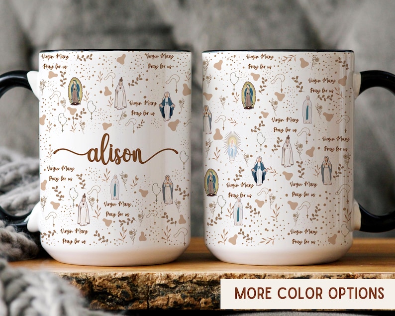 Ceramic Catholic mug with Virgin Mary, Our Lady Guadalupe, rosary motifs, and prayer text in a soft neutral devotional pattern, perfect for coffee, tea, and meaningful faith gift giving. marian devotion mug, catholic kitchen decor, guadalupe prayer cup, priest thank you gift, blessed mother coffee mug, christian women mug