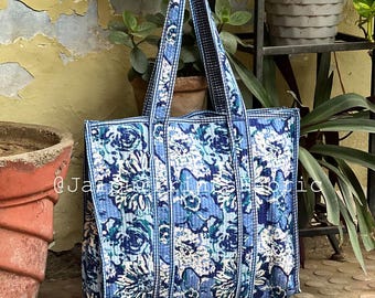 Hand Block Floral Tote Bag: Quilted Cotton Boho Shopper