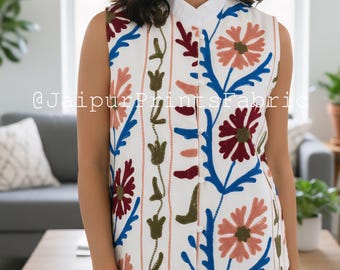 Handmade Suzani Embroidered Vest: Boho Floral Cotton Waistcoat