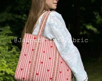 Quilted Cotton Tote Bag, Heart Stripe Print, Large Travel Shoulder Bag