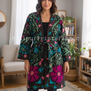 Handmade Suzani Embroidered Kimono Jacket: Bohemian Cotton Robe