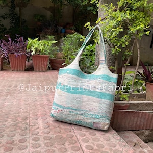 Handmade Quilted Cotton Tote Bag: Vintage Kantha Stitch Shoulder Bag