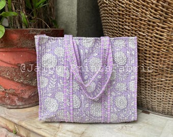 Floral Block Print Quilted Cotton Tote Bag: Handmade Beach Carryall