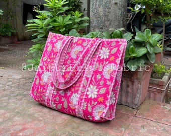 Pink Floral Quilted Cotton Tote Bag: Hand-Printed Shopper