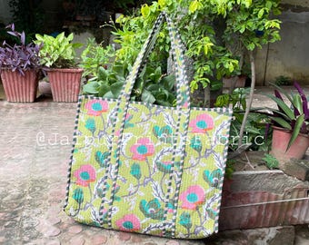Embroidered Quilted Cotton Tote Bag: Floral Block Print, Boho Style