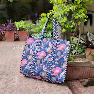 Floral Cotton Quilted Tote Bag, Cotton Large Shopping Bag, Travel Bag, Beach Carry Bag, Sustainable Grocery Bag, Boho Quilted Bag