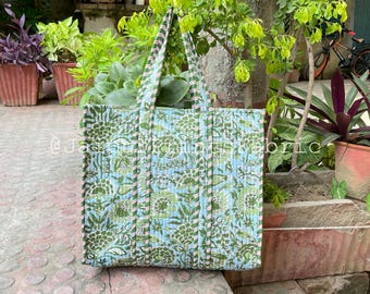 Floral Hand Block Printed Quilted Cotton Tote Bag: Boho Beach Bag