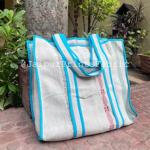 Vintage Kantha Quilted Tote Bag: Large Handmade Cotton Shoulder Bag