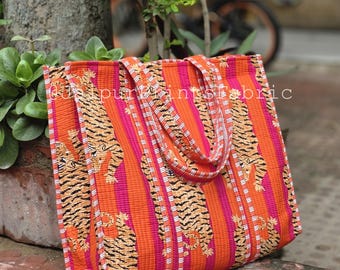 Tiger Print Cotton Tote Bag: Handmade Quilted Boho Shopper