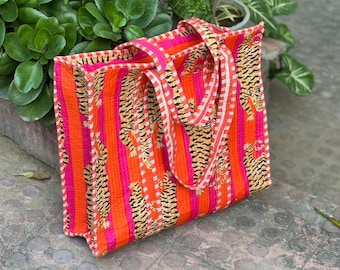 Orange Tiger Print Gesteppte Baumwolltasche, Handbedruckt