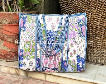 Hand-Quilted Cotton Tote Bag: Indian Print Market Bag