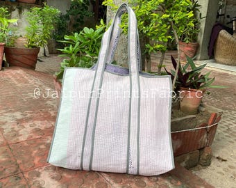 Bolso tote Kantha acolchado vintage: bolso de hombro de algodón cosido a mano
