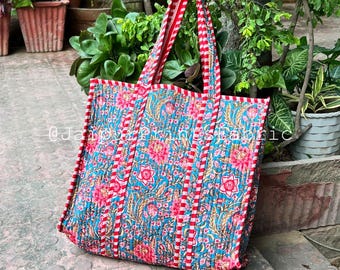 Floral Quilted Cotton Tote Bag: Large Travel or Grocery Bag