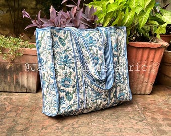 Floral Quilted Cotton Tote Bag: Hand-Printed Travel Shoulder Bag