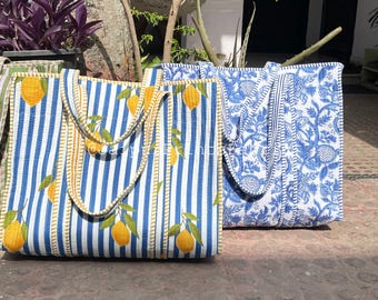 Quilted Cotton Tote Bag, Lemon Print Shoulder Bag, Eco Friendly Everyday Carryall