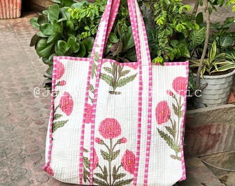 Floral Quilted Cotton Tote Bag: Large Travel Shoulder Bag
