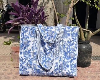 Quilted Cotton Floral Tote, Shoulder Travel, Reusable Shopping Bag