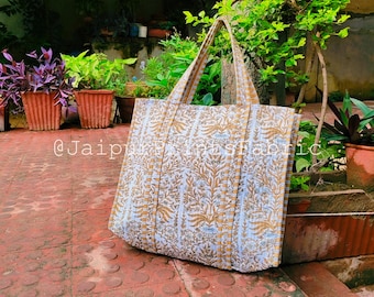 Floral Printed Quilted Cotton Tote Bag: Handmade Boho Travel Bag
