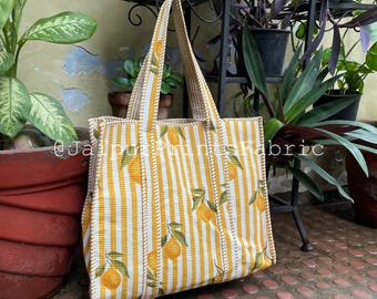 Lemon Print Quilted Cotton Tote Bag: Handmade Boho Shopping Bag