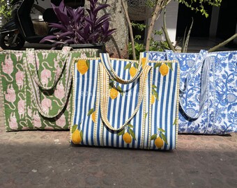 Quilted Cotton Tote Bag, Eco Friendly Shoulder Tote, Everyday Travel Shopping Tote