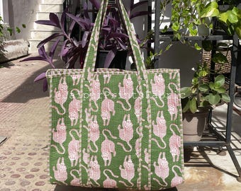 Quilted Cotton Tote Bag, Tibetan Tiger Print, Handmade Shoulder Shopping Bag