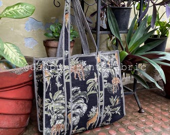 Gesteppte Baumwolltasche: Dschungel-Print, handgemachte Einkaufstasche