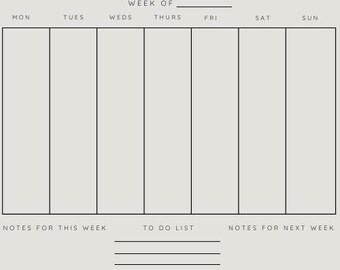 May include: A weekly planner with a grey background and black lines. The planner has sections for each day of the week, from Monday to Sunday. There are also sections for notes for this week, a to-do list, and notes for next week.