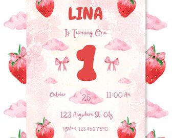 Berry First Birthday | Canva digital invitation card for self-design | PDF printable template | 1st birthday girl
