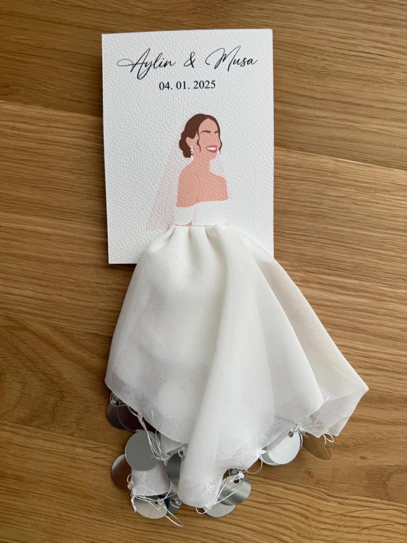 Op de afbeelding: Een witte huwelijksuitnodiging met een illustratie van een bruid en de tekst "Aylin & Musa 04.01.2025".