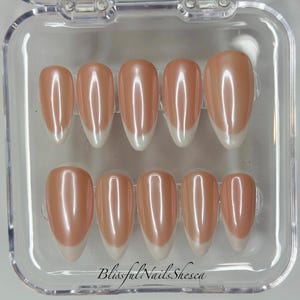 Chrome French Tip Press On Nails: Elegant Almond Gel Nail Set