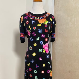 Vestido vintage de jersey de seda con estampado de letras Leonard de los años 90 y 00