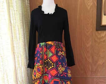 Vintage 60s 70s Hostess Maxi Dress with Long Sleeve and Quilted Psychedelic Print