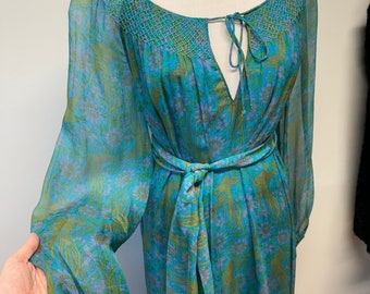 Vintage 60s 70s designer label Treacy Lowe London Made in India silk caftan dress bird print