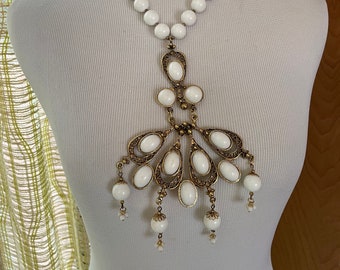 Vintage 60s gold and white statement bib necklace plastic baubles huge necklace