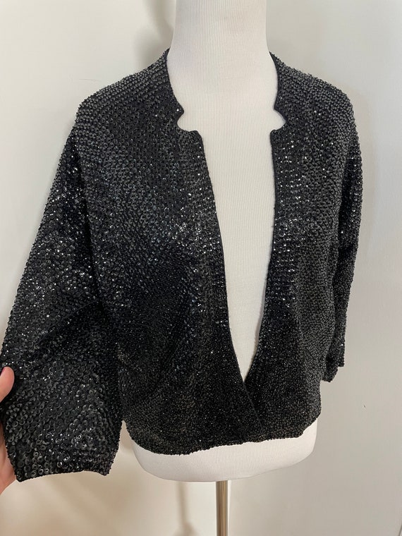 Vintage 50s Black Beaded Sequin Sweater Cardigan P