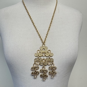 Vintage 60s 70s gold tone metal statement necklace hostess necklace articulated movement swirl necklace