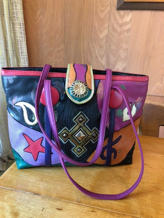 Vintage 80s NAS Huge Patchwork Tote Bag Faux Leath
