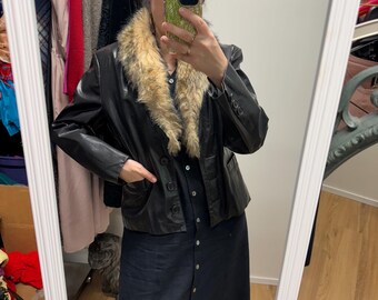 Vintage 90s Y2k Black Leather Jacket With Faux Rabbit Fur Collar