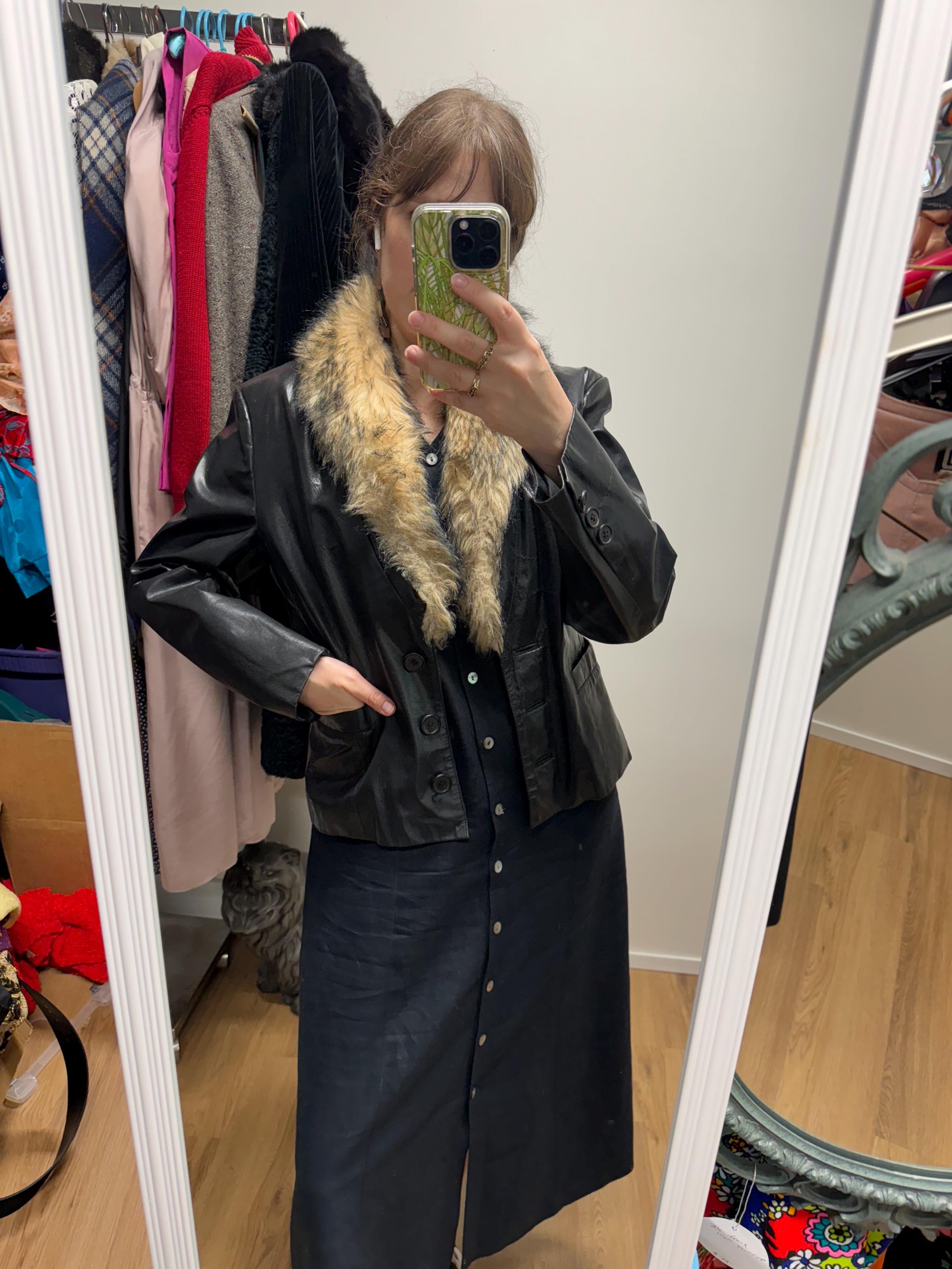 Vintage 90s Y2k Black Leather Jacket With Faux Rabbit Fur Collar